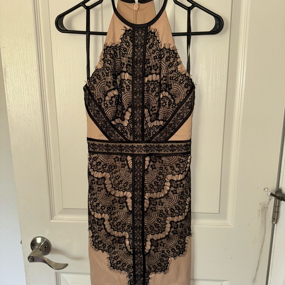 Bebe Black and Tan Halter Sheath Dress